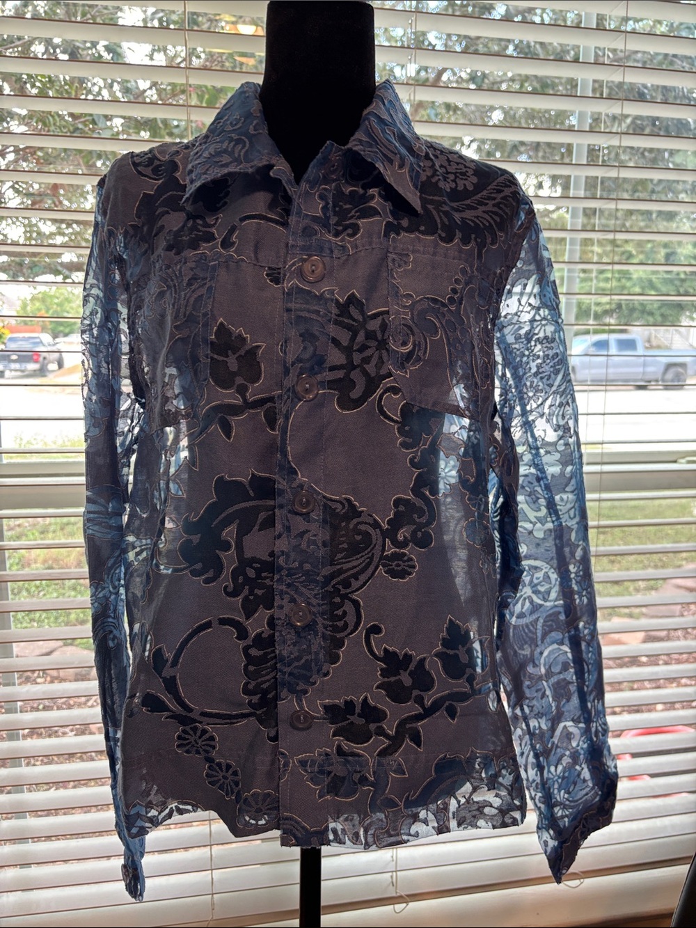 erin london Blue Floral Burnout Button-Front Shirt Jacket